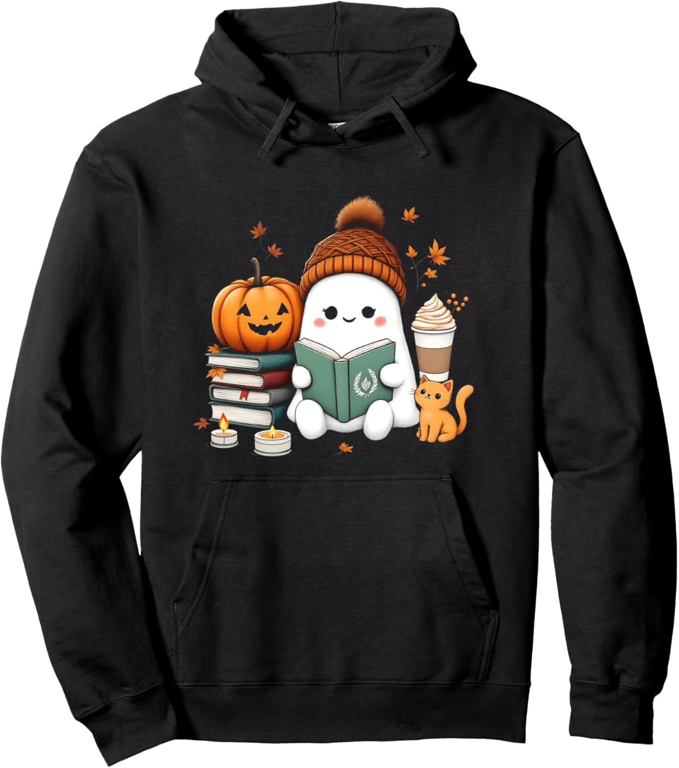 Adorable Ghost Reading Cozy Autumn Beanie Bookworm Halloween Pullover Hoodie