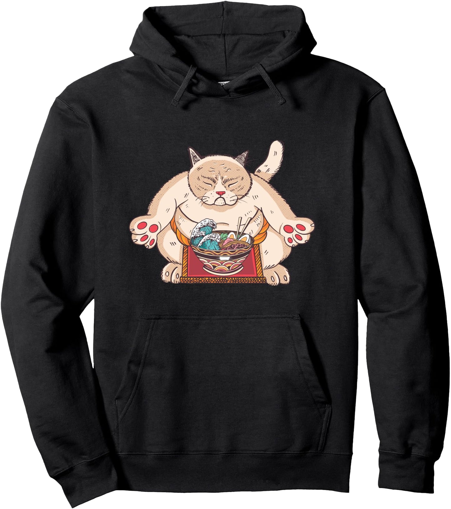 Funny Sumo Cat eating ramen noodle anime Japanese Pullover Hoodie