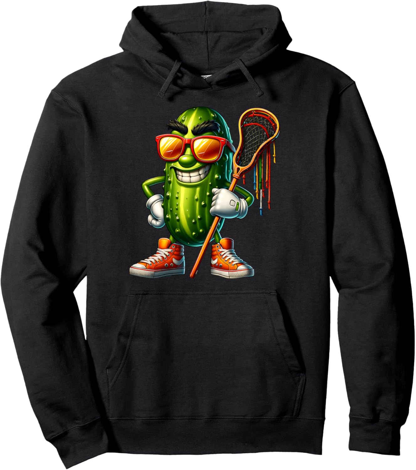 Funny Pickle Playing Lacrosse Cool Cartoon Sports Art Pullover Hoodie