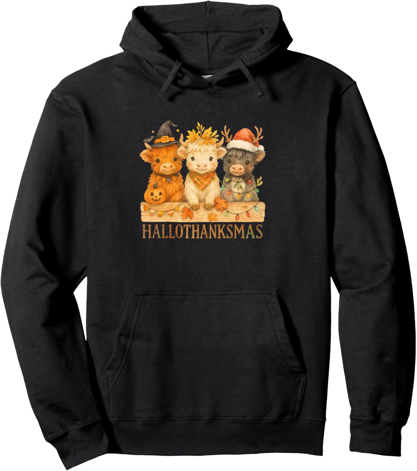 Hallothanksmas Highland Cow Trio Halloween Thanksgiving Pullover Hoodie
