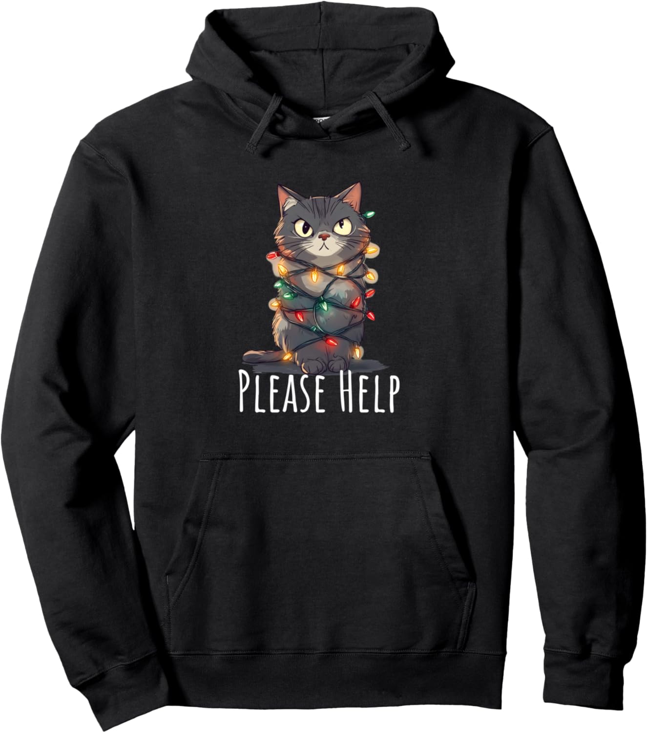 Cat Wrapped with Fairy Lights Christmas Fun Aid Pullover Hoodie
