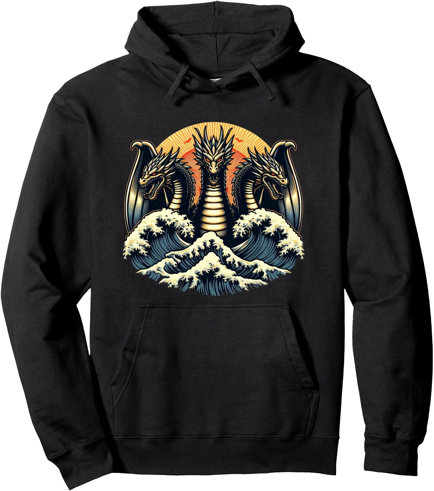 Japanese Dragon King Ghidorah Great Wave off Kanagawa Sunset Pullover Hoodie