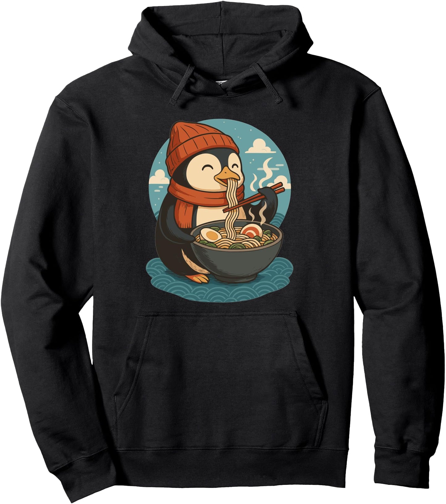 Penguin Eats Ramen Noodles Japanese Vintage Pullover Hoodie