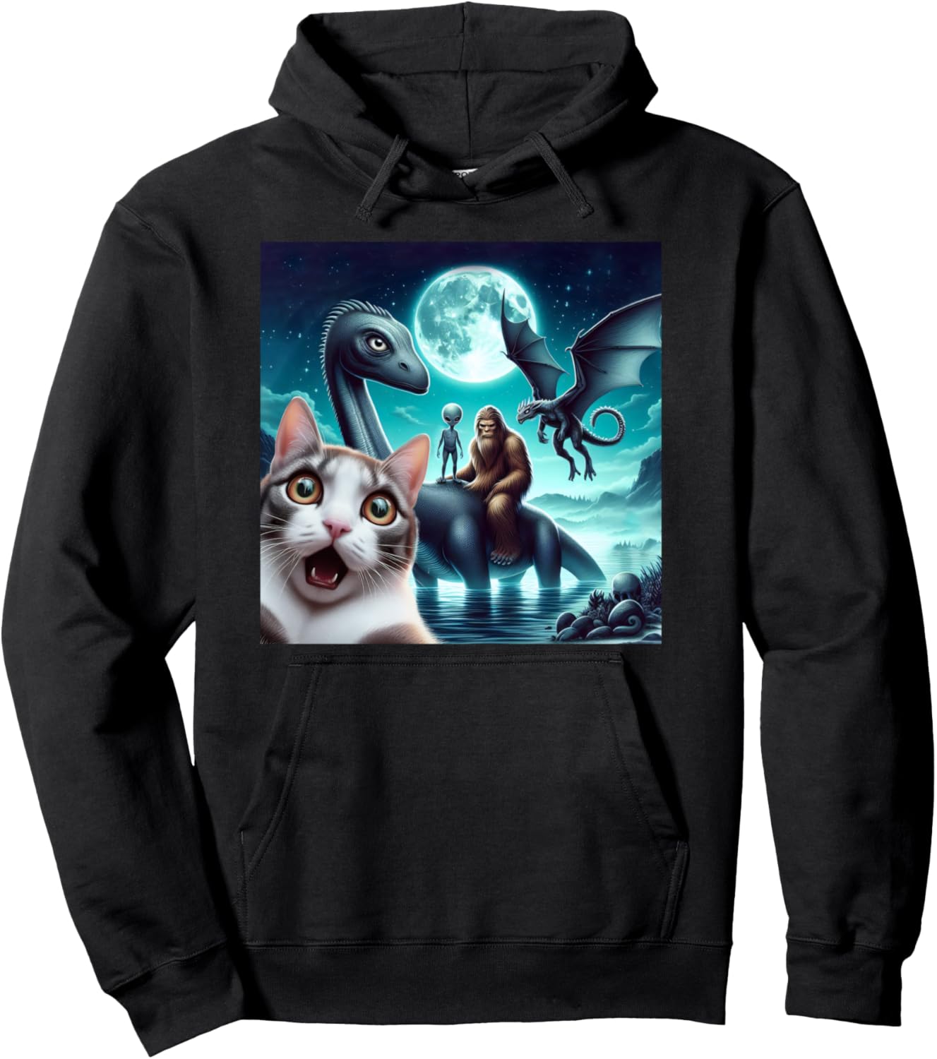 Cat Selfie with bigfoot alien UFO loch Ness monster dragon Pullover Hoodie