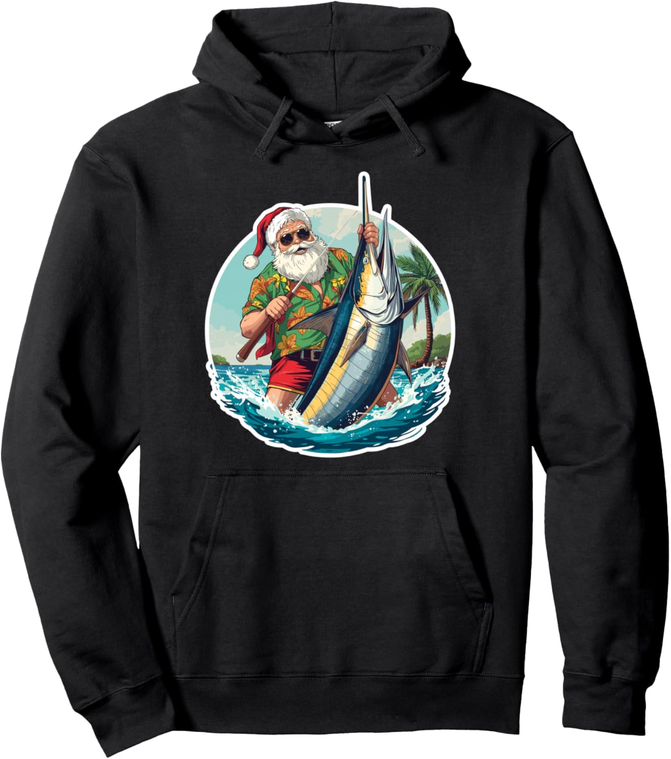 Tropical Santa Summer Christmas Beach Warm Island Palm Fun Pullover Hoodie