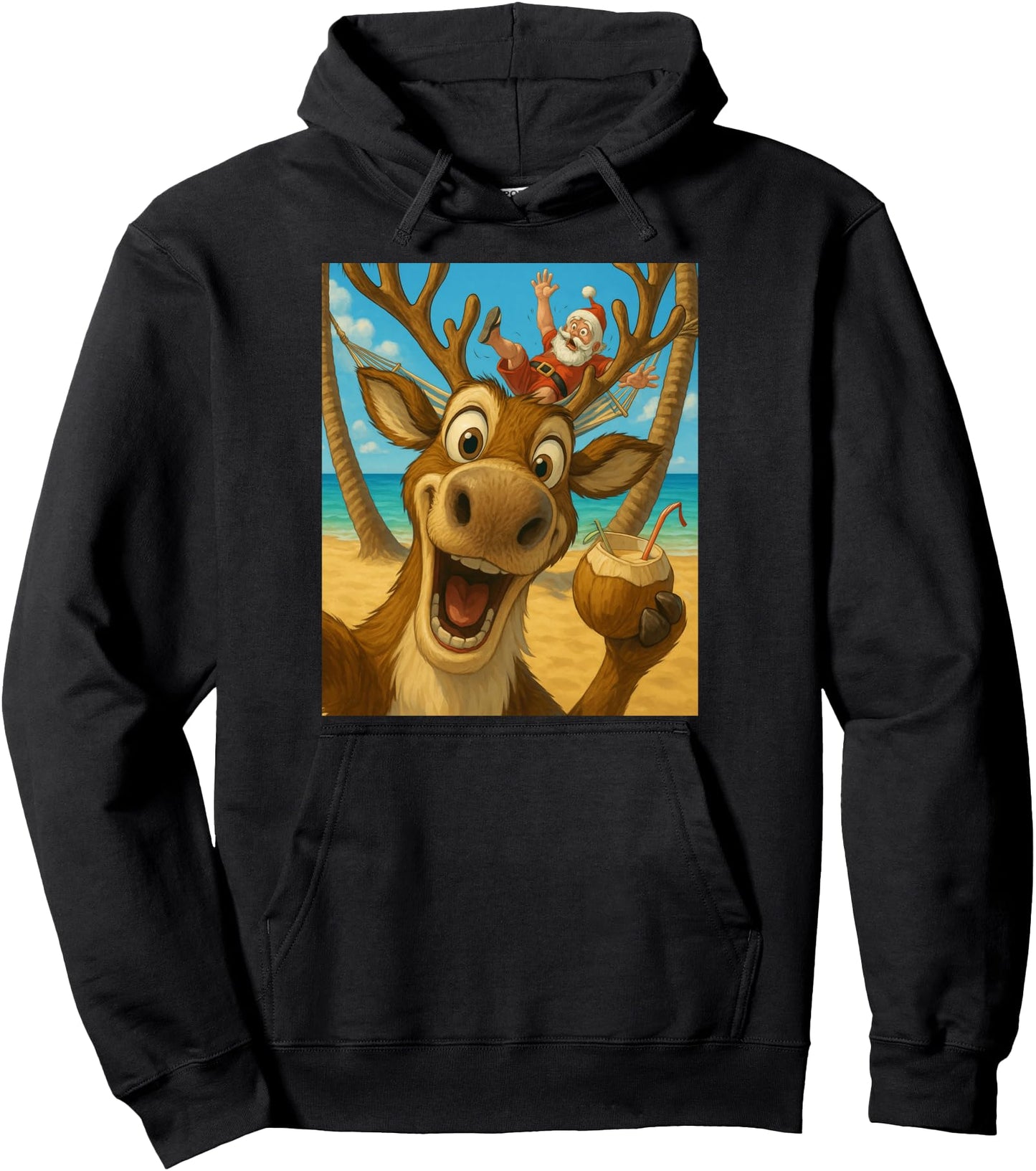 Funny Reindeer Beach Selfie - Christmas in July Pullover Hoodie