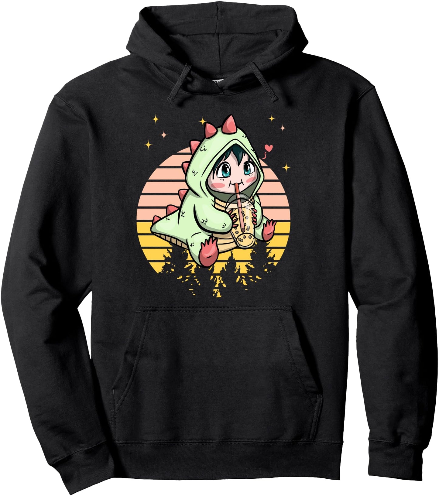 Dinosaur Kid Drinking Boba Tea Tired Gift School Japanese Pullover Hoodie