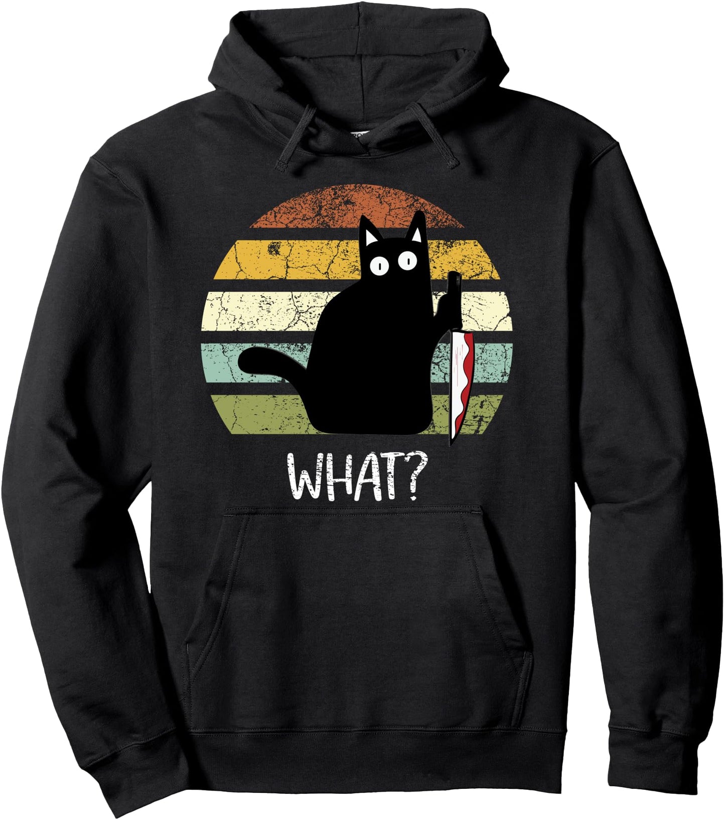 Cat What? Funny Halloween Black Cat With Knife Pullover Hoodie