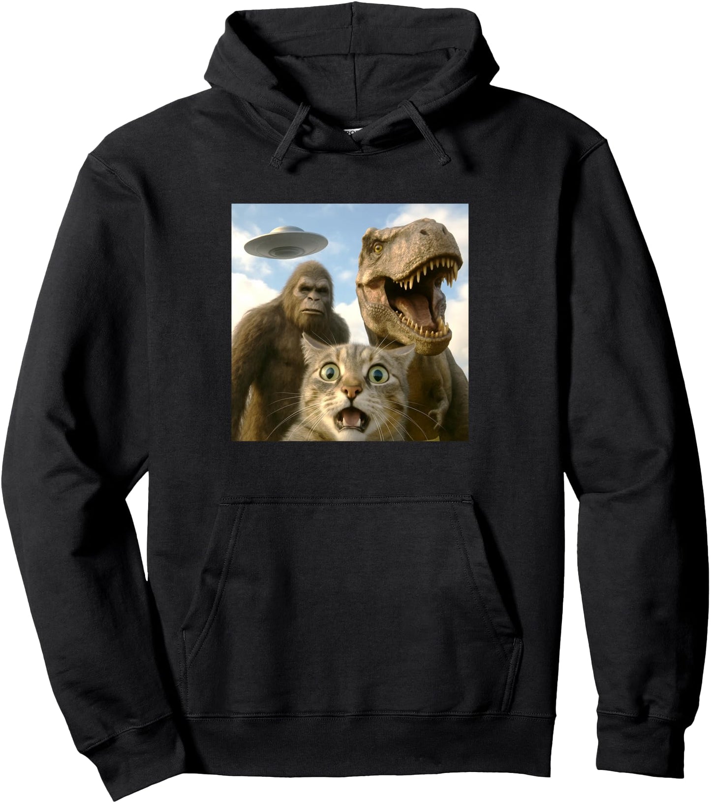 Funny Cat Selfie with Bigfoot Dinosaur UFO for Men Women Pullover Hoodie