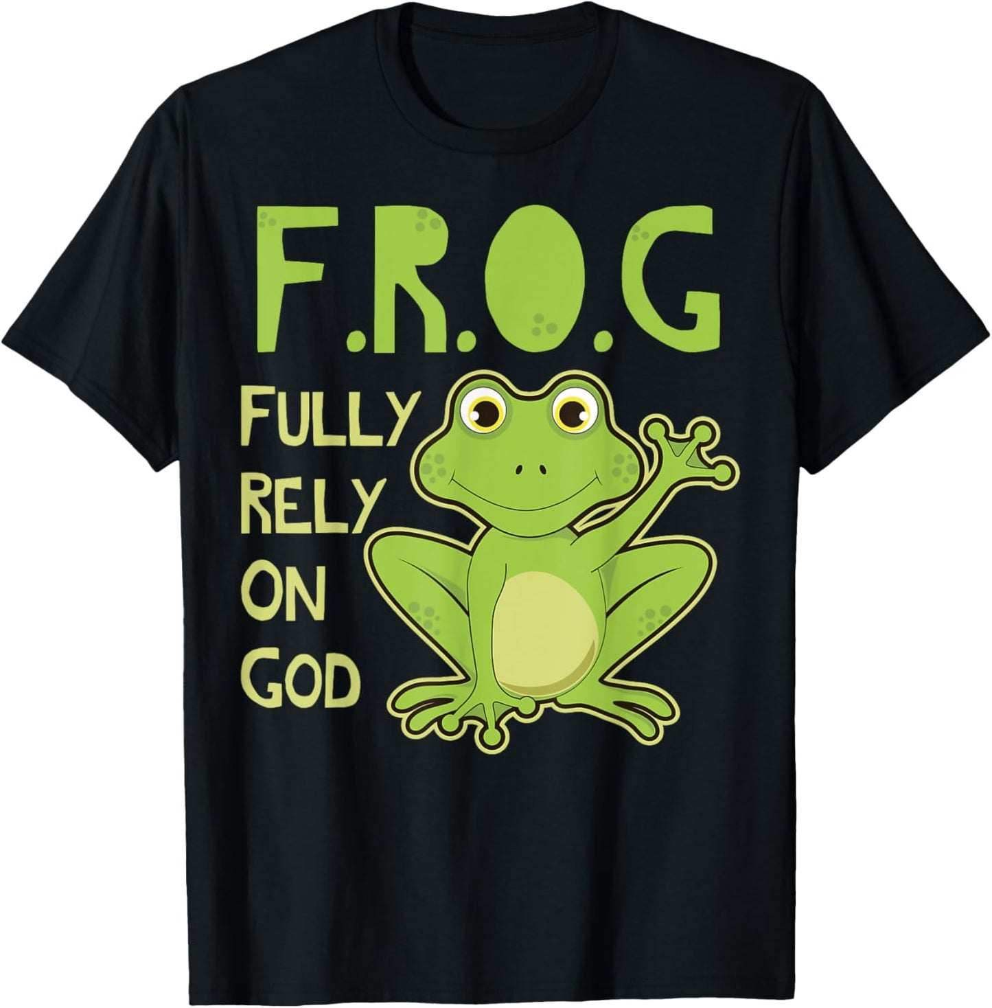 Fully Rely On God Frog Gift Design Unisex Adults T-Shirt Black Small Cartoon Frog Christian Gift Idea