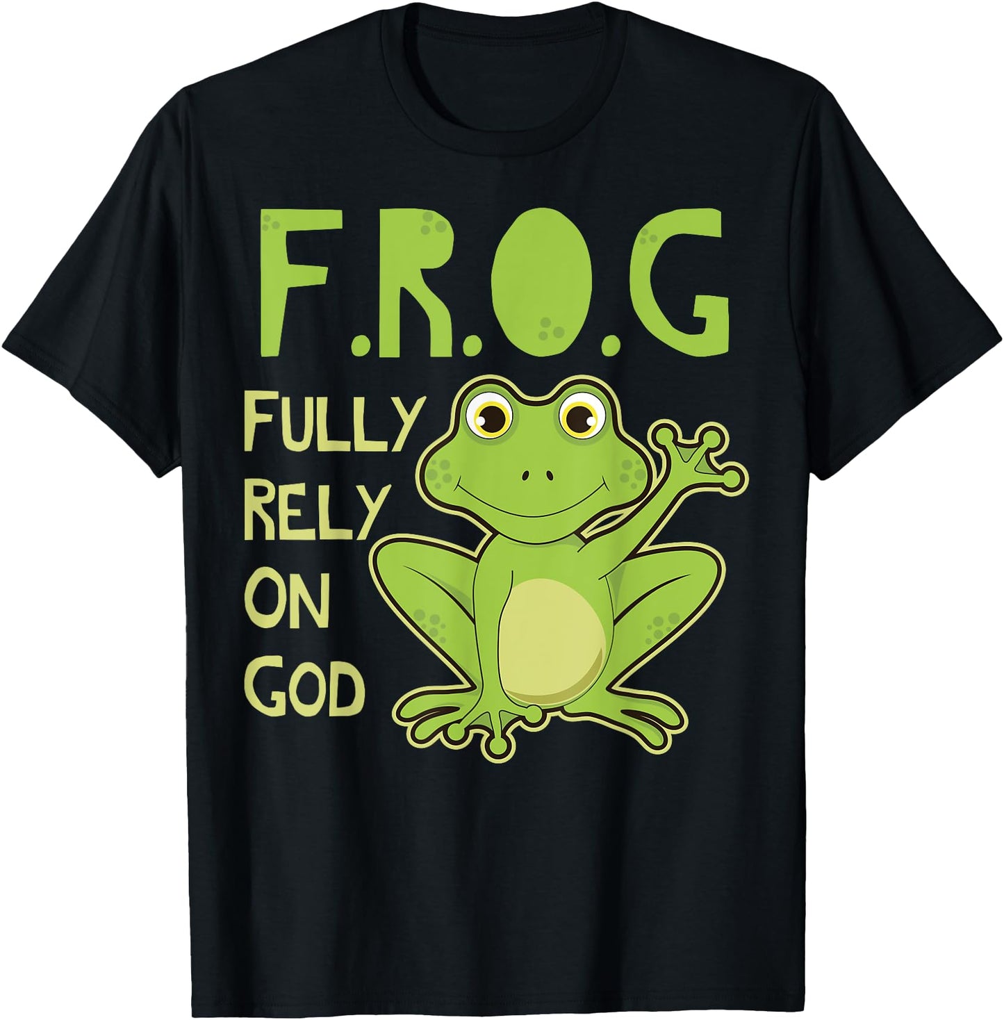 Fully Rely On God Frog Gift Design Unisex Adults T-Shirt Black Small Cartoon Frog Christian Gift Idea
