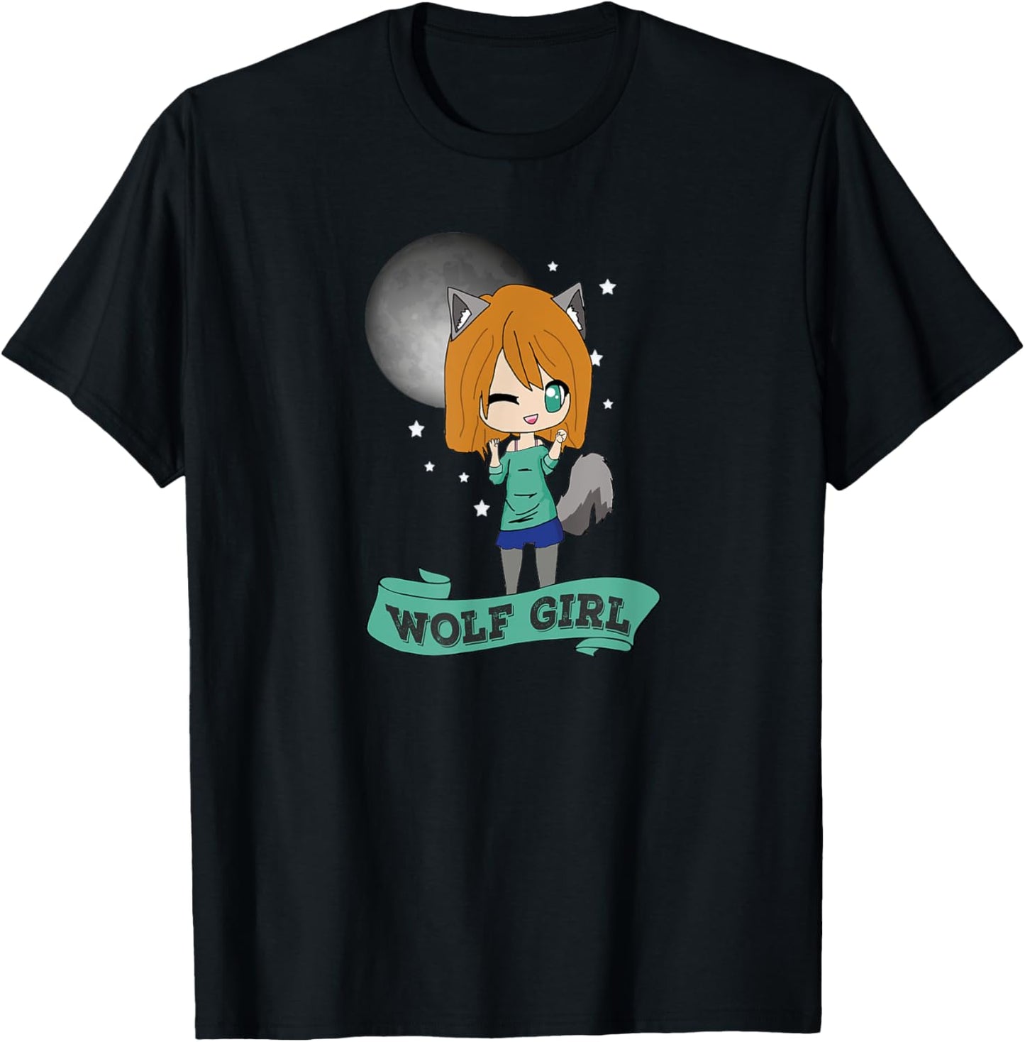 Kawaii Cute Wolf Girl T-Shirt Anime Chibi Full Moon Shirt