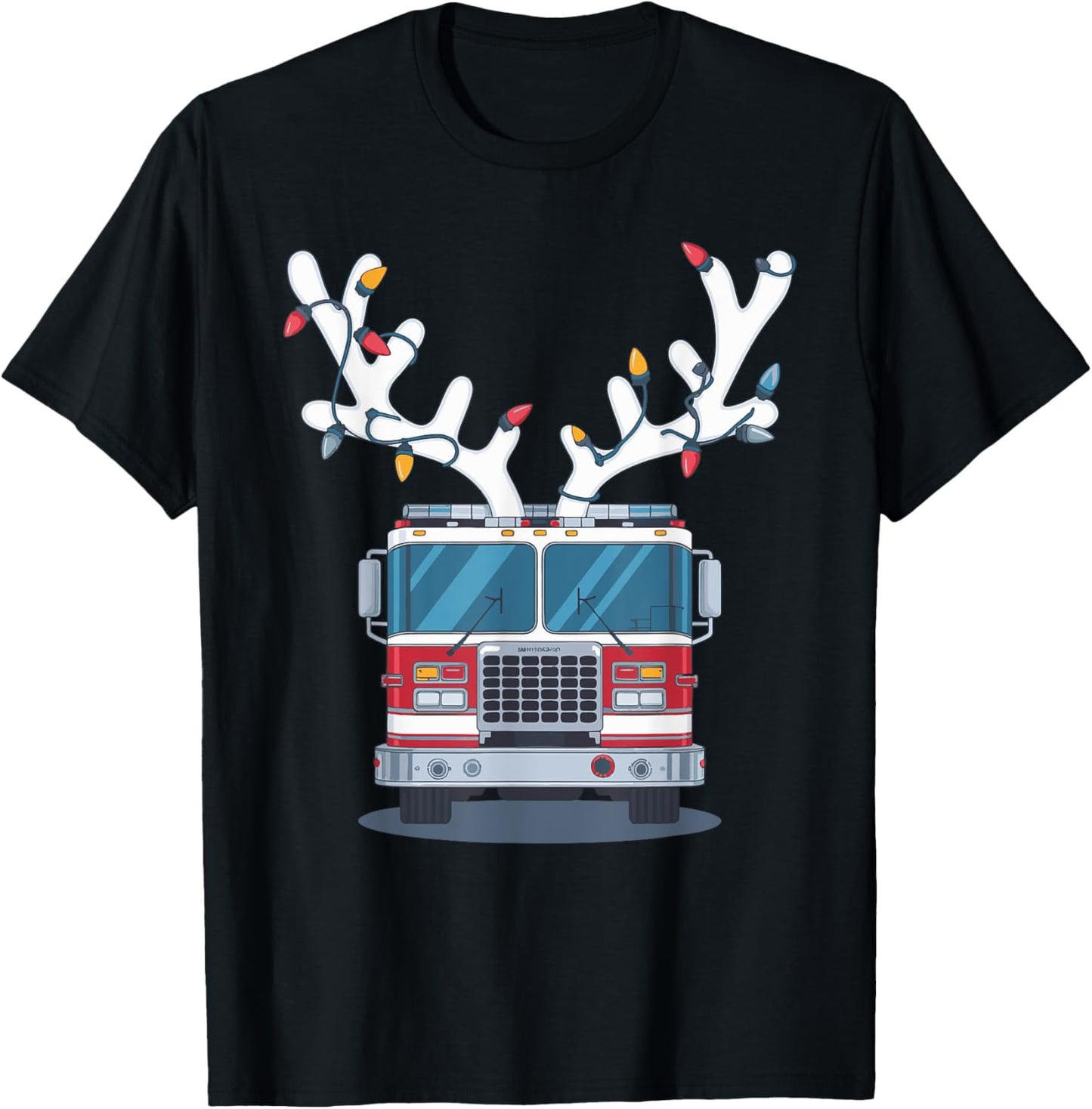 Christmas Firetruck Firefighter Xmas Unisex-Adult T-Shirt, Black, Small, Short Sleeve