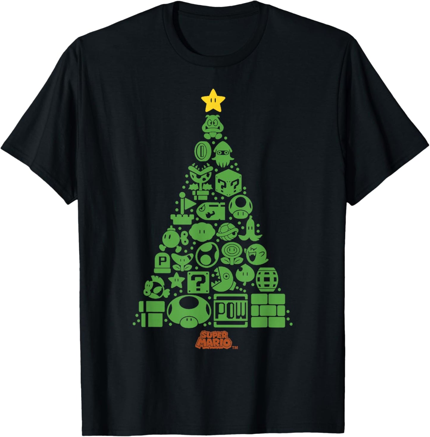Super Mario Item Characters Christmas Tree Graphic Short Sleeve T-Shirt Black