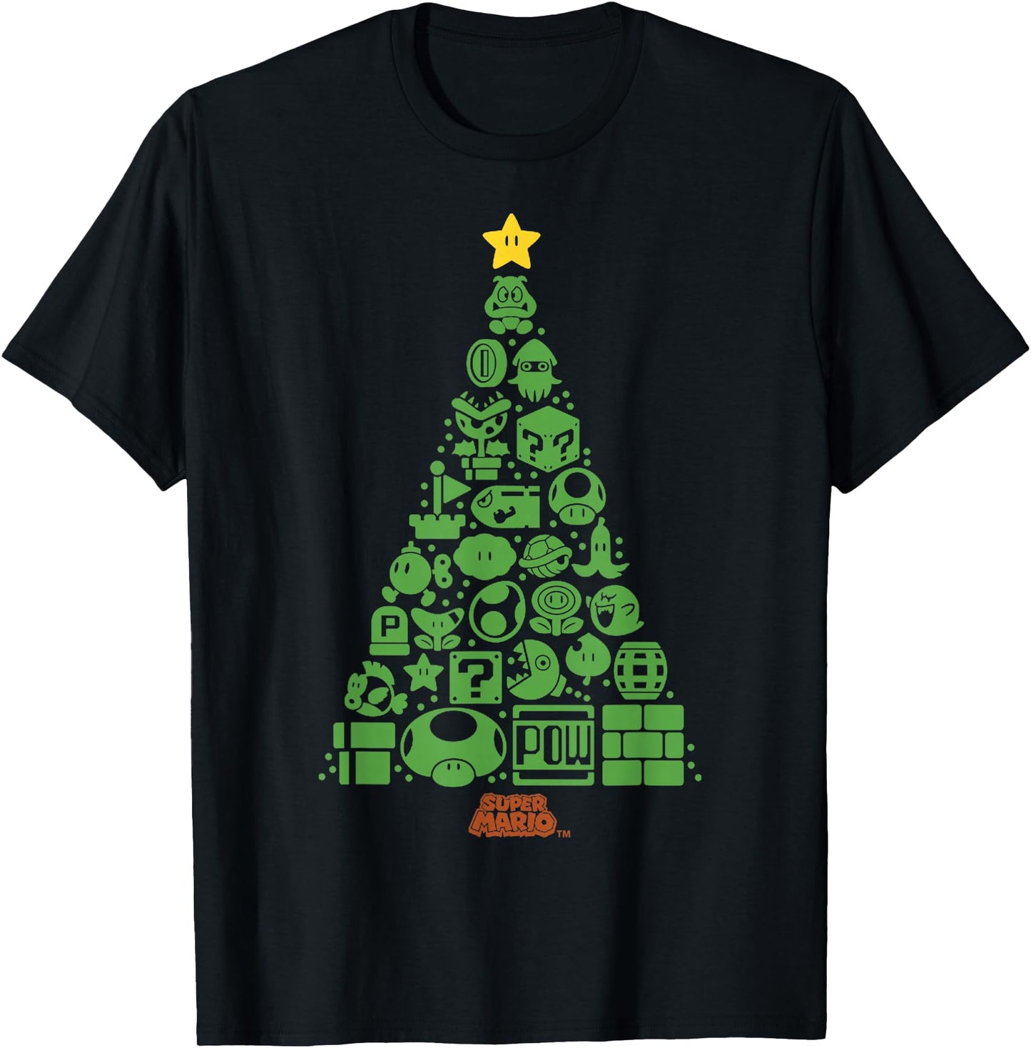 Super Mario Item Characters Christmas Tree Graphic Short Sleeve T-Shirt Black