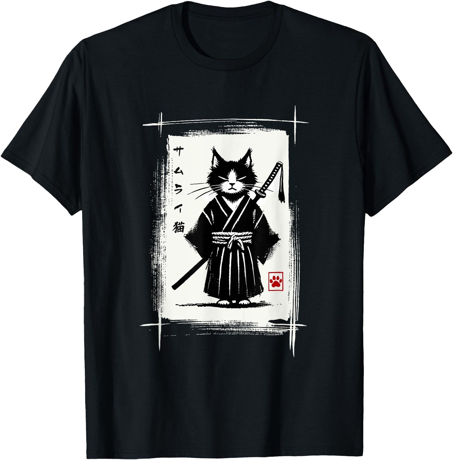 Samurai Cat Japanese Art Sumi-e Novelty Kawaii Funny Cat