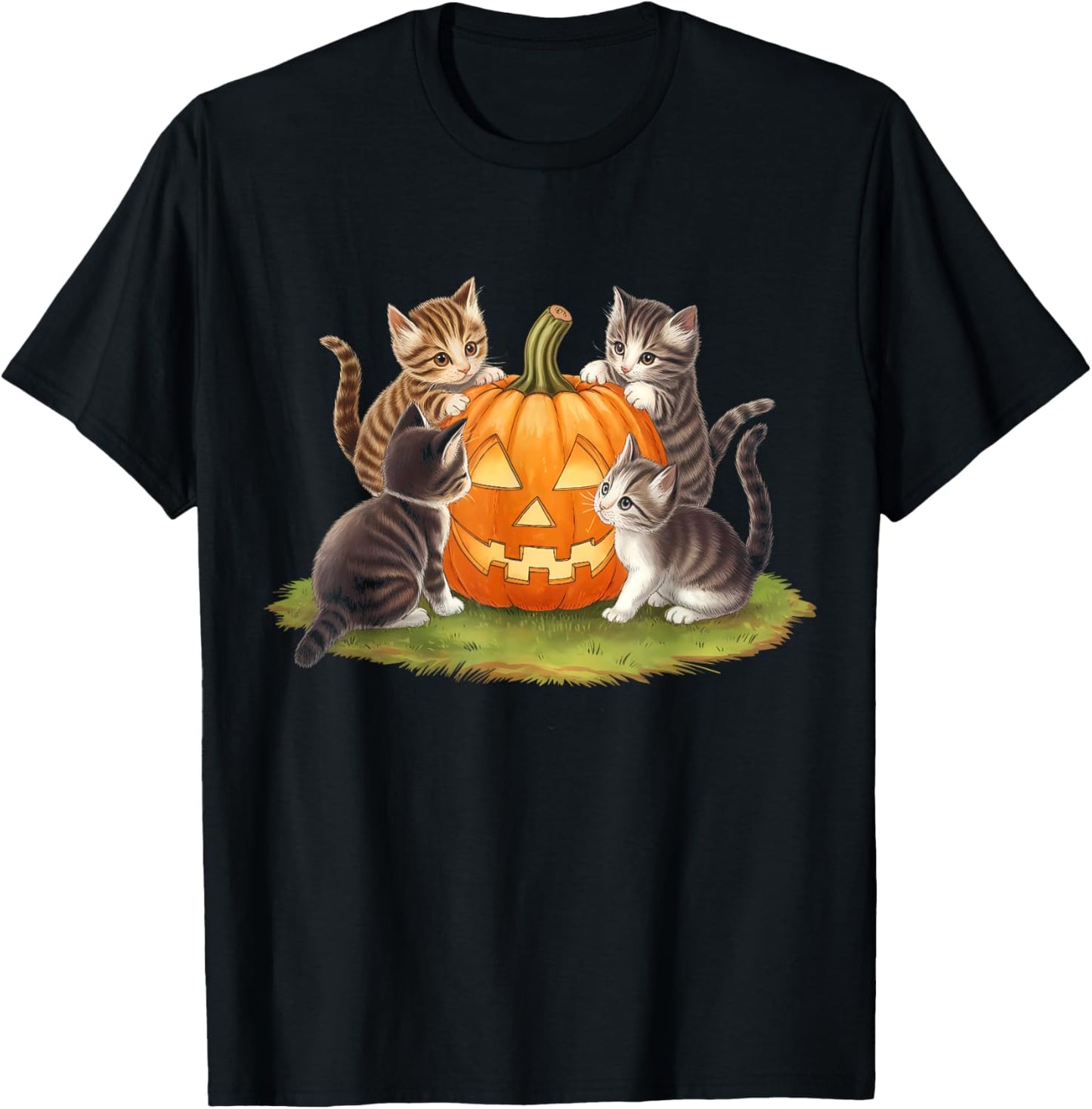 Cat Pumpkin Halloween Floral Spooky Season Vintage T-Shirt