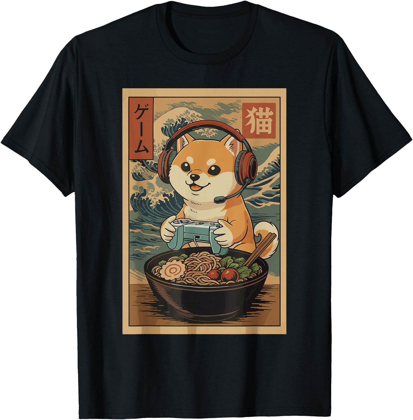Kawaii Japanese Ramen Dog Retro Gaming Shirts for Men