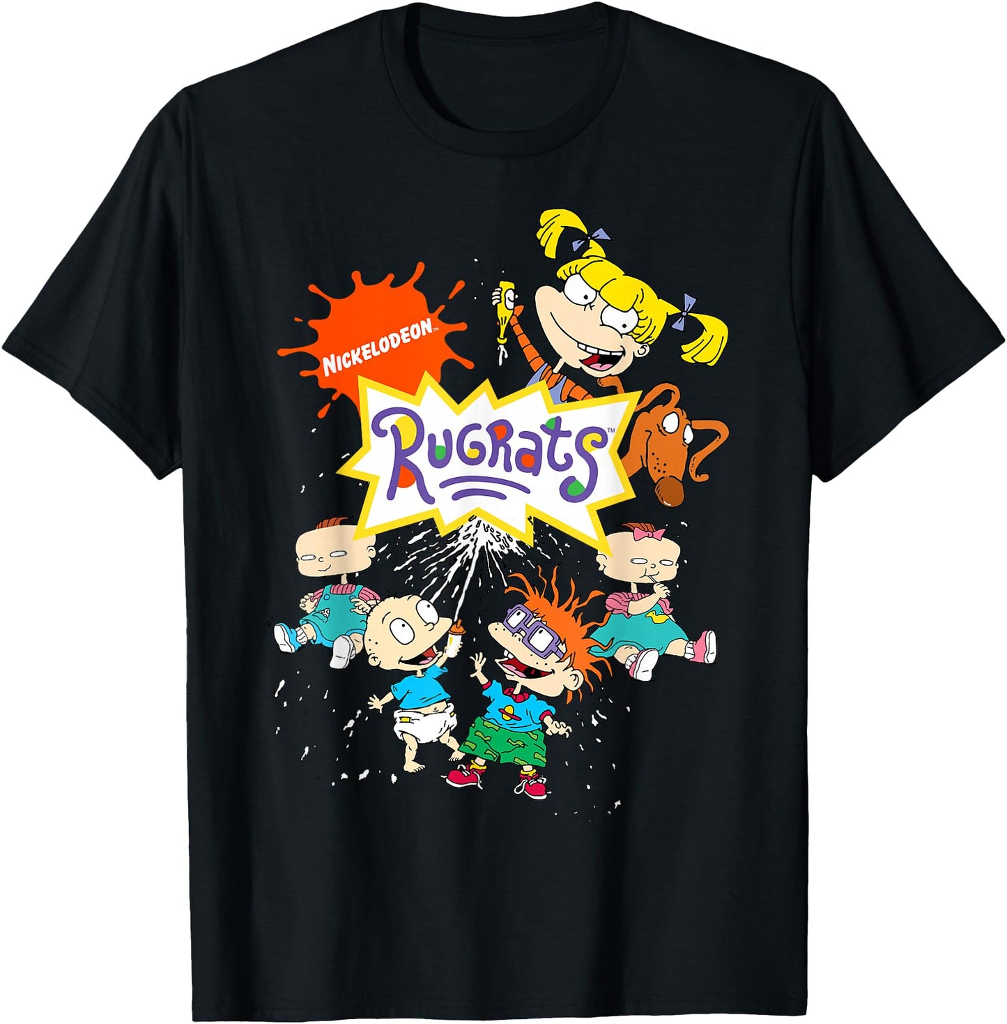 Nickelodeon Rugrats Logo With Nick Logo And 90s Cast T-Shirt - Unisex Adult - Black - Small - Short Sleeve - Cotton 60% Polyester 40%