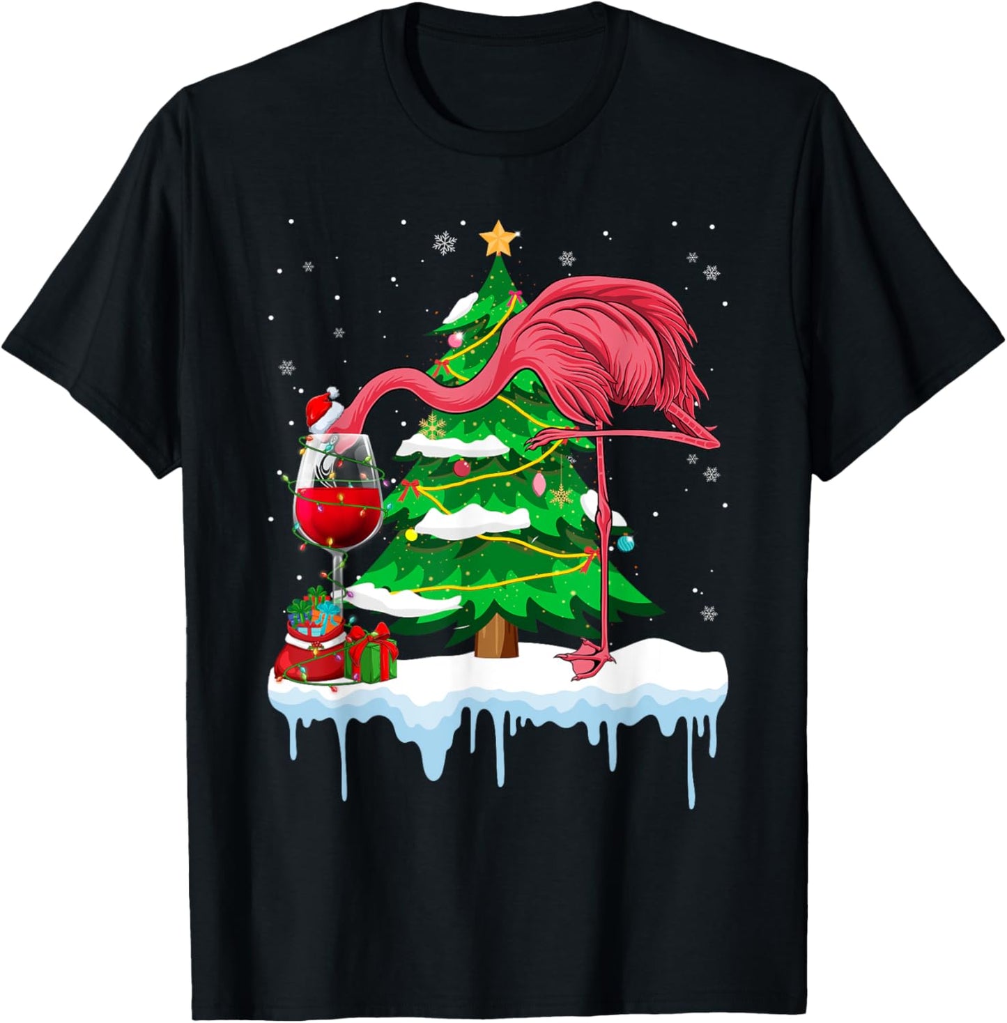 Funny Pink Flamingo Drinking Wine Christmas Tree Lights Xmas
