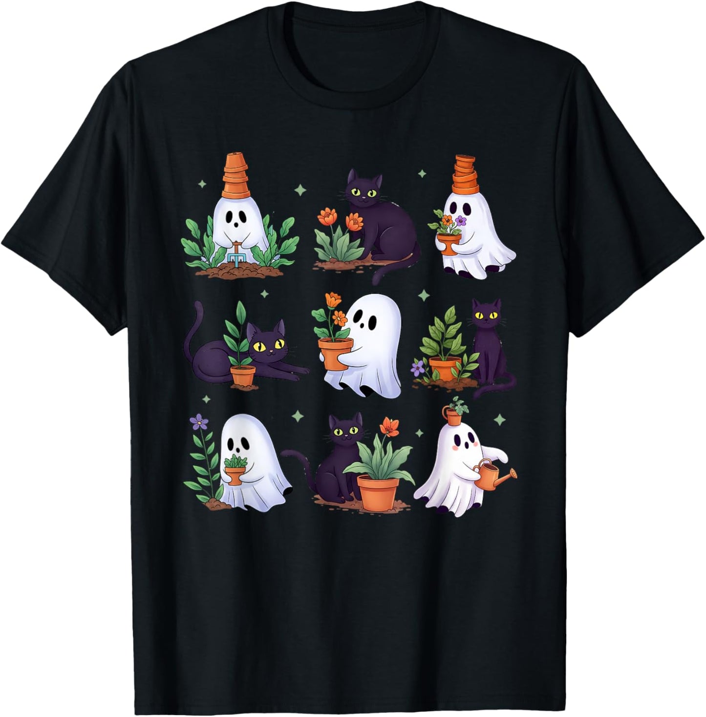 Cat Ghost Plant Lady Spooky Season Halloween Plant Lover T-Shirt