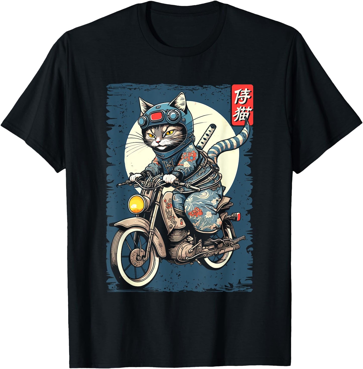 Japanese Samurai Cat on Motorcycle Kawaii Ninja Cat T-Shirt for Men Women