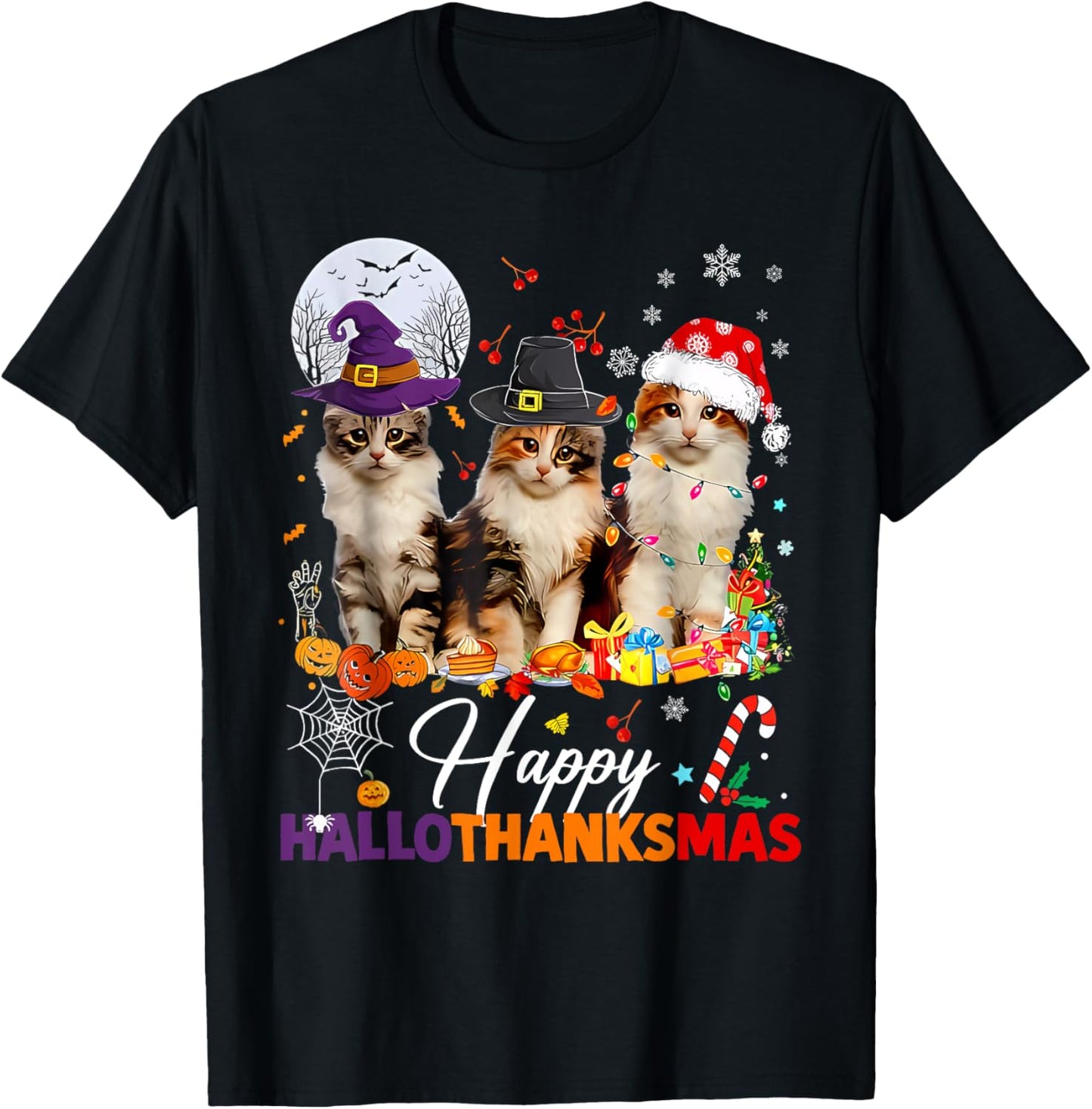 Happy Hallothanksmas Cute Cats Halloween Thanksgiving Xmas
