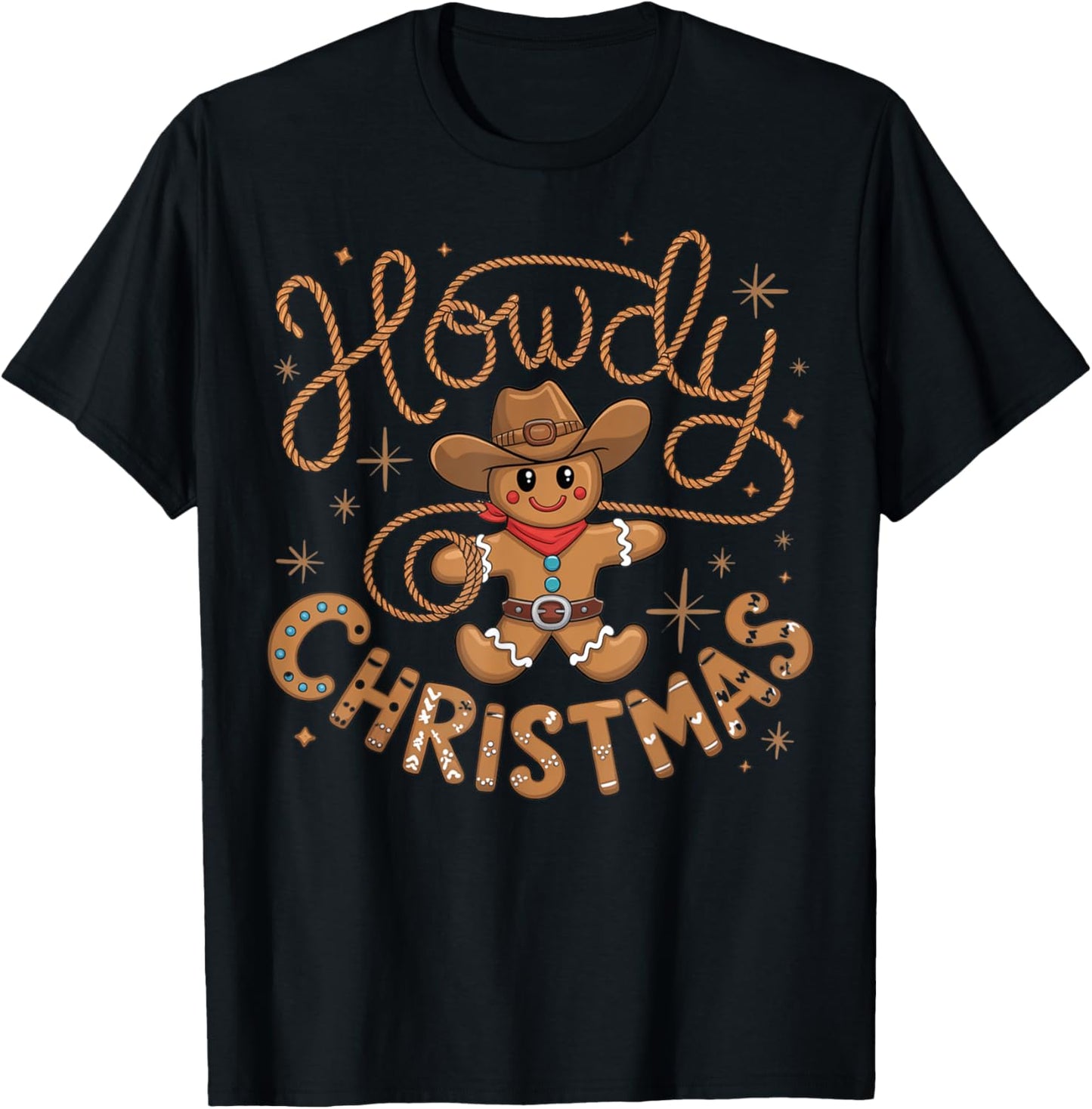 Retro Gingerbread Cowboy Western Howdy Christmas Unisex Christmas T-Shirt, Black, Small, Short Sleeve, Cotton Blend, Machine Wash, Regular Fit, Cartoon Pattern, Western Style