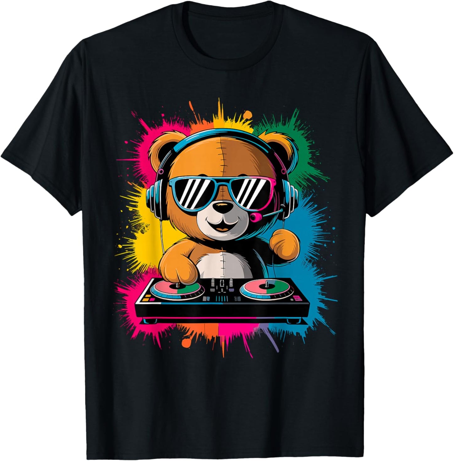 Magical and Funny DJ Gifts Colorful DJ Teddy Bear T-Shirt, Children's Unisex, Black, Small, Short Sleeve, Cotton Blend, Cartoon, Classic Fit, Imported