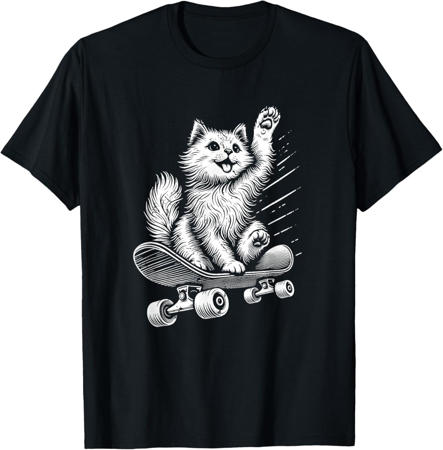Skater Happy Fluffy Cat Riding A Skateboard Paw in The Air