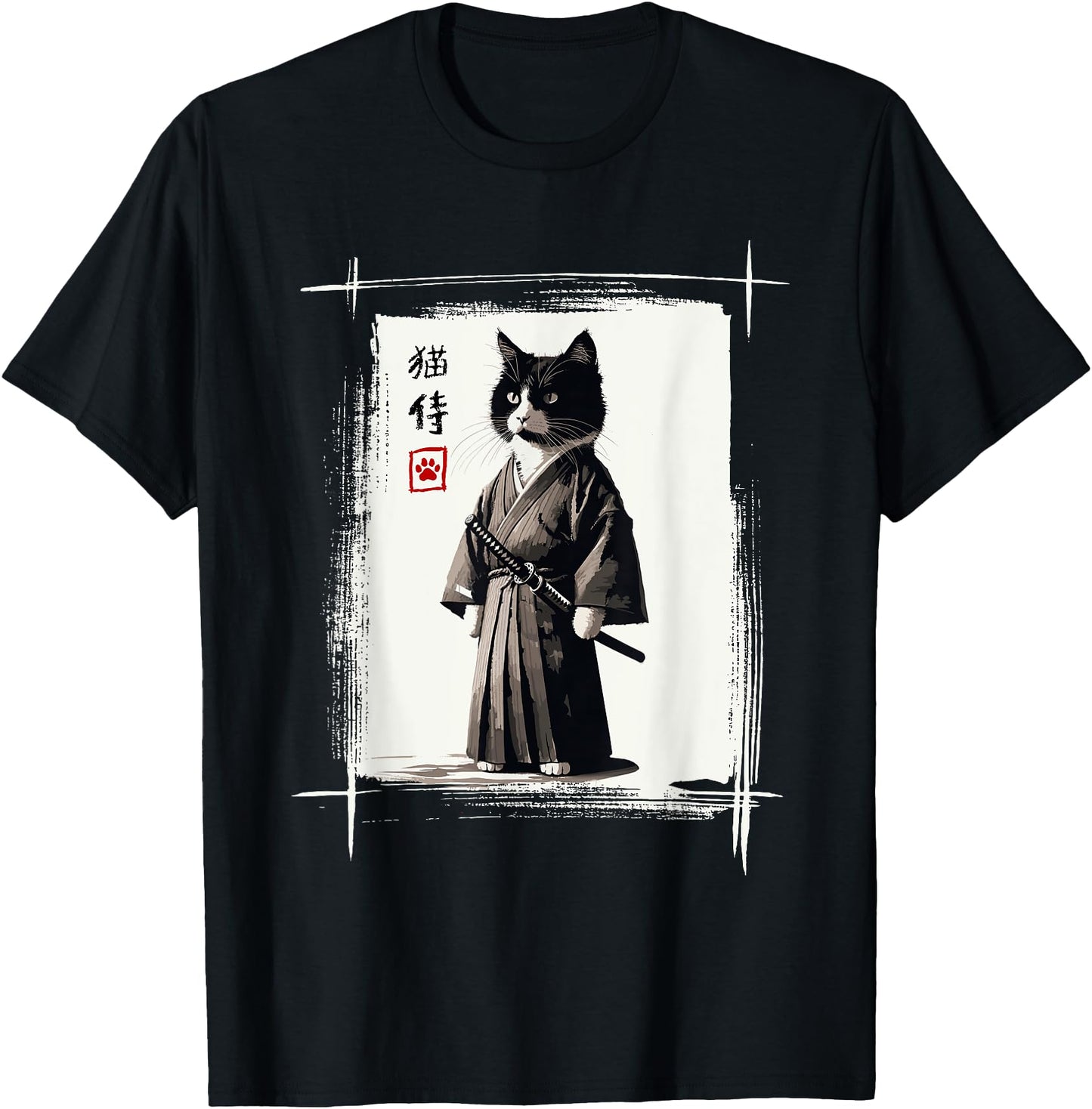 Samurai Cat Japanese Art Sumi-e Novelty Kawaii Funny Cat