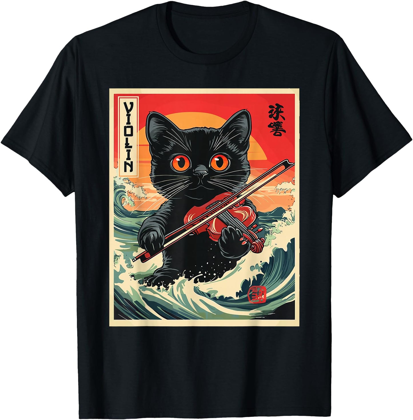 Japanese Cat Violin T-Shirt Black Cat Playing Violin Ukiyo-e Style Tee Cute Aesthetic Retro Art Shirt