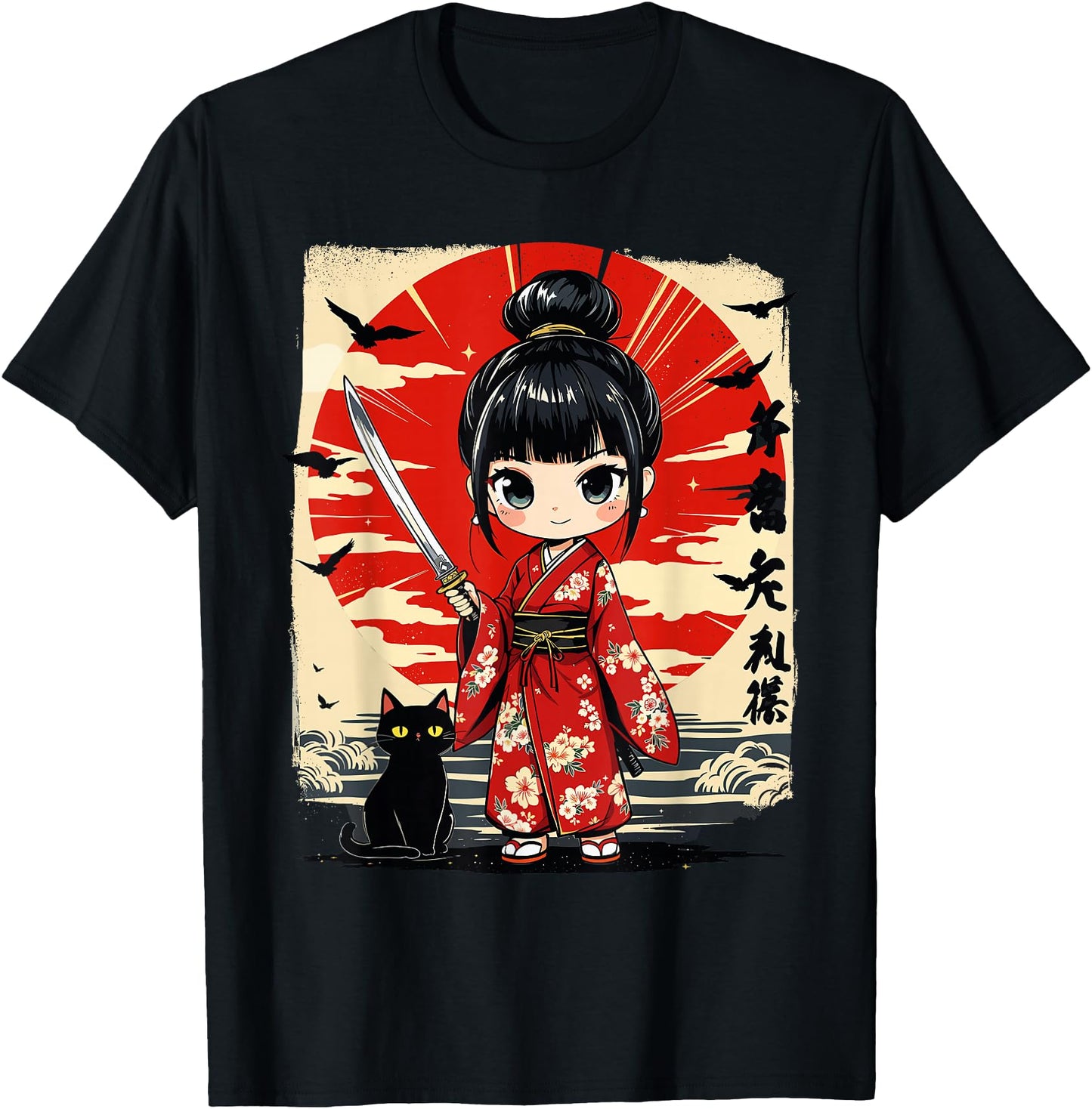 Cute Kawaii Samurai Girl and Cat Japanese Anime Girls