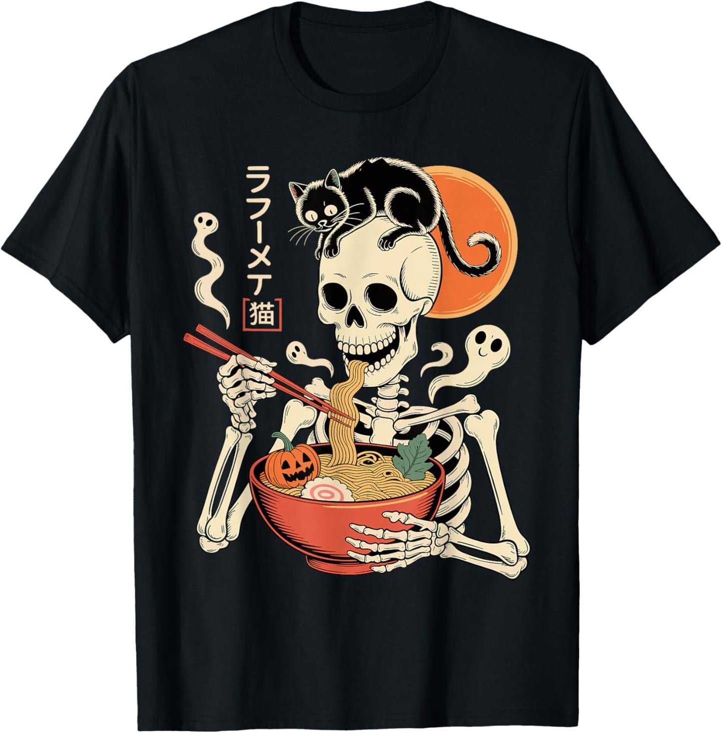 Spooky Skeleton Eating Ramen Bowl with Cat Halloween Art
