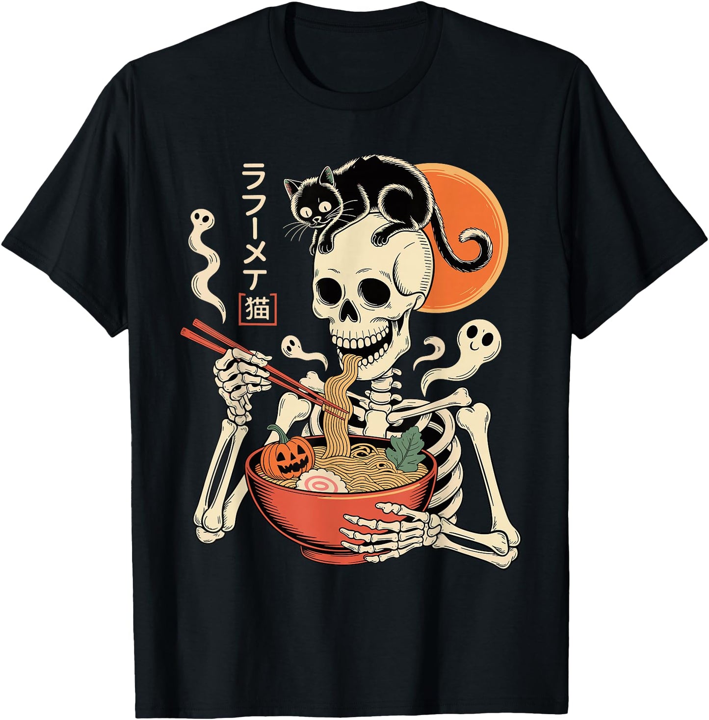 Spooky Skeleton Eating Ramen Bowl with Cat Halloween Art