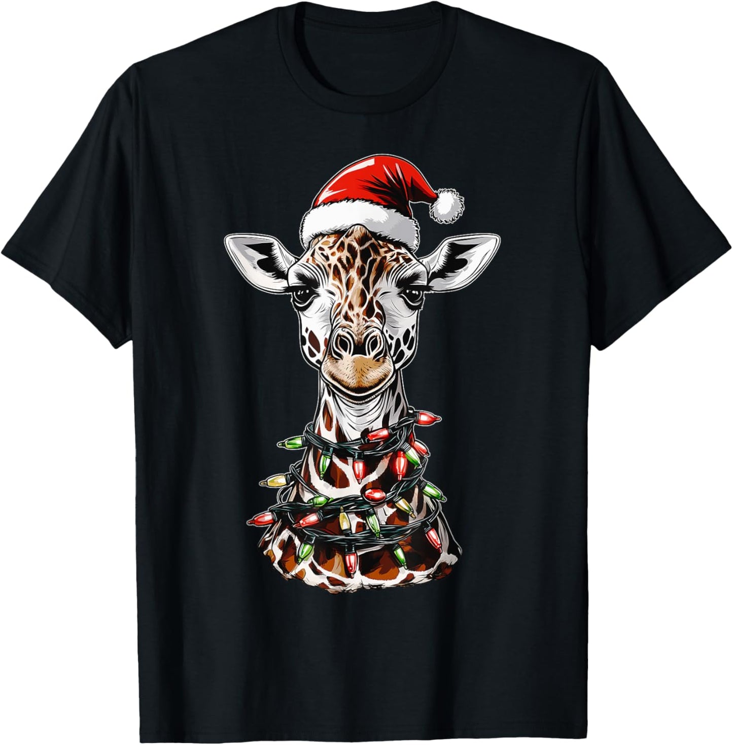 Giraffe Christmas Hat Xmas T-Shirt - Unisex-Adult, Black, Small, Short Sleeve, T-Shirt, Christmas Graphic