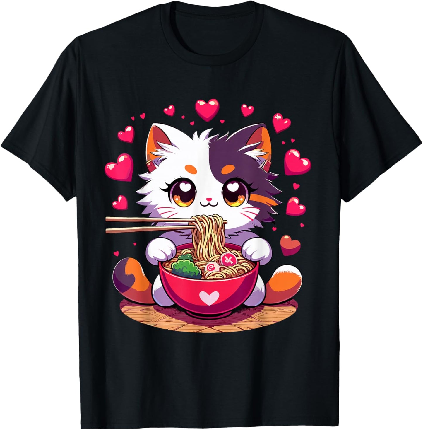Anime Cat eating Ramen Noodles with Hearts Valentines Day