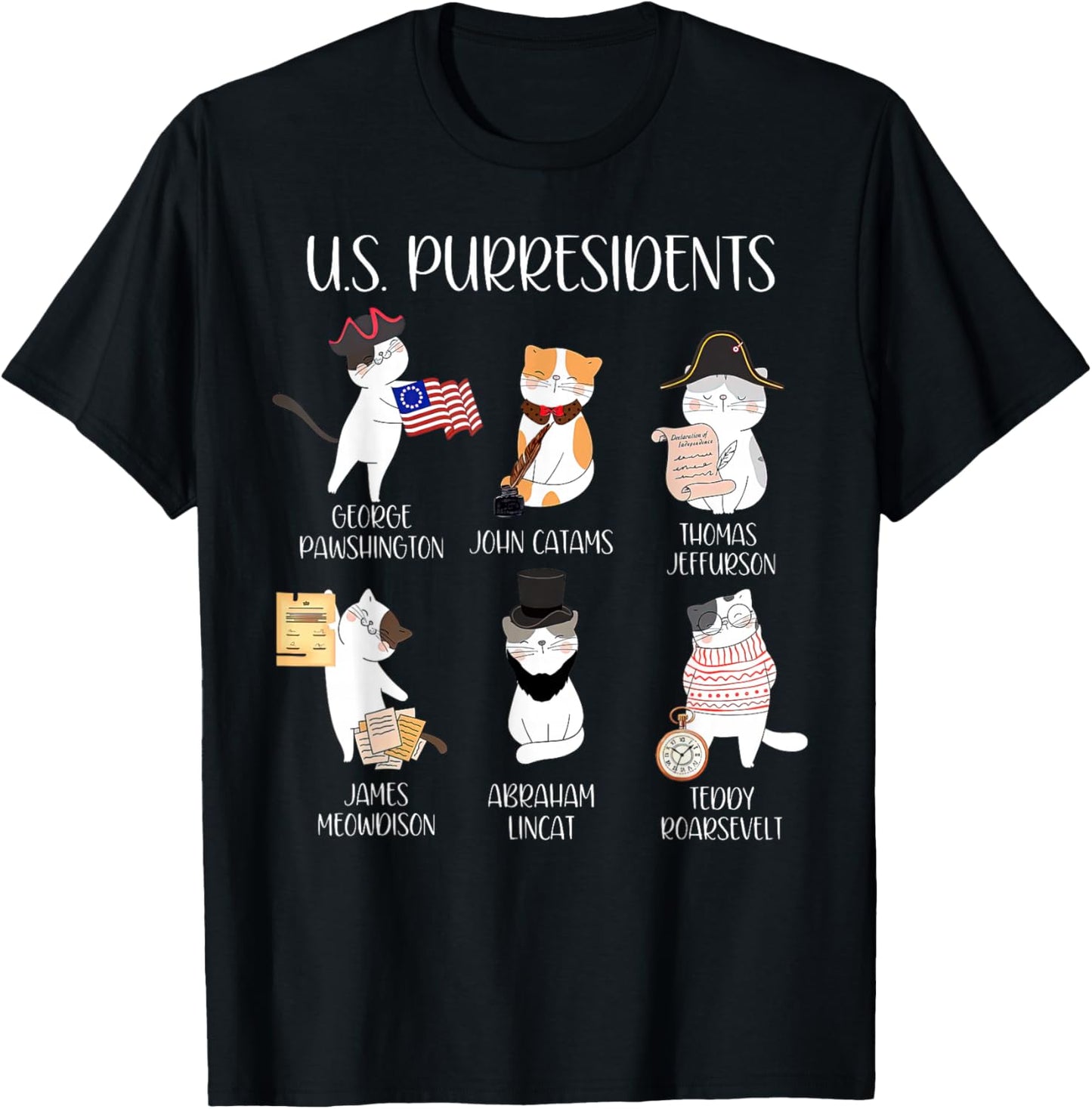 American History Teacher Cute Cats History Lovers Unisex-Adults T-Shirt, Black, Small, Short Sleeve, Modern Classic Fit, Crew Neck, Cartoon Pattern