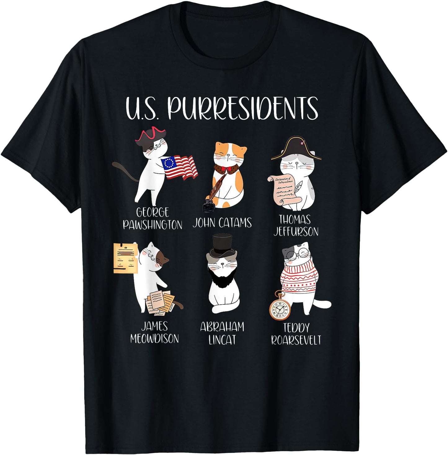 American History Teacher Cute Cats History Lovers Unisex-Adults T-Shirt, Black, Small, Short Sleeve, Modern Classic Fit, Crew Neck, Cartoon Pattern