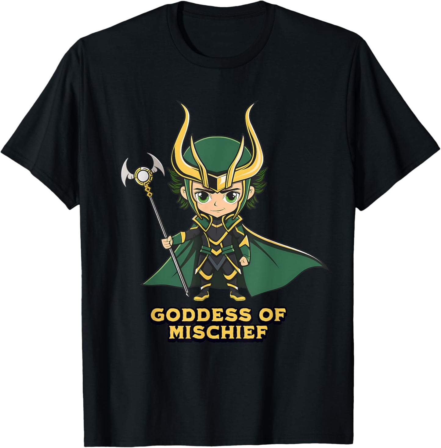 Chibi Mischief Lover Loki Variant Goddess of Mischief Unisex T-Shirt Black Small Chibi-Style Design Classic Fit Short Sleeve