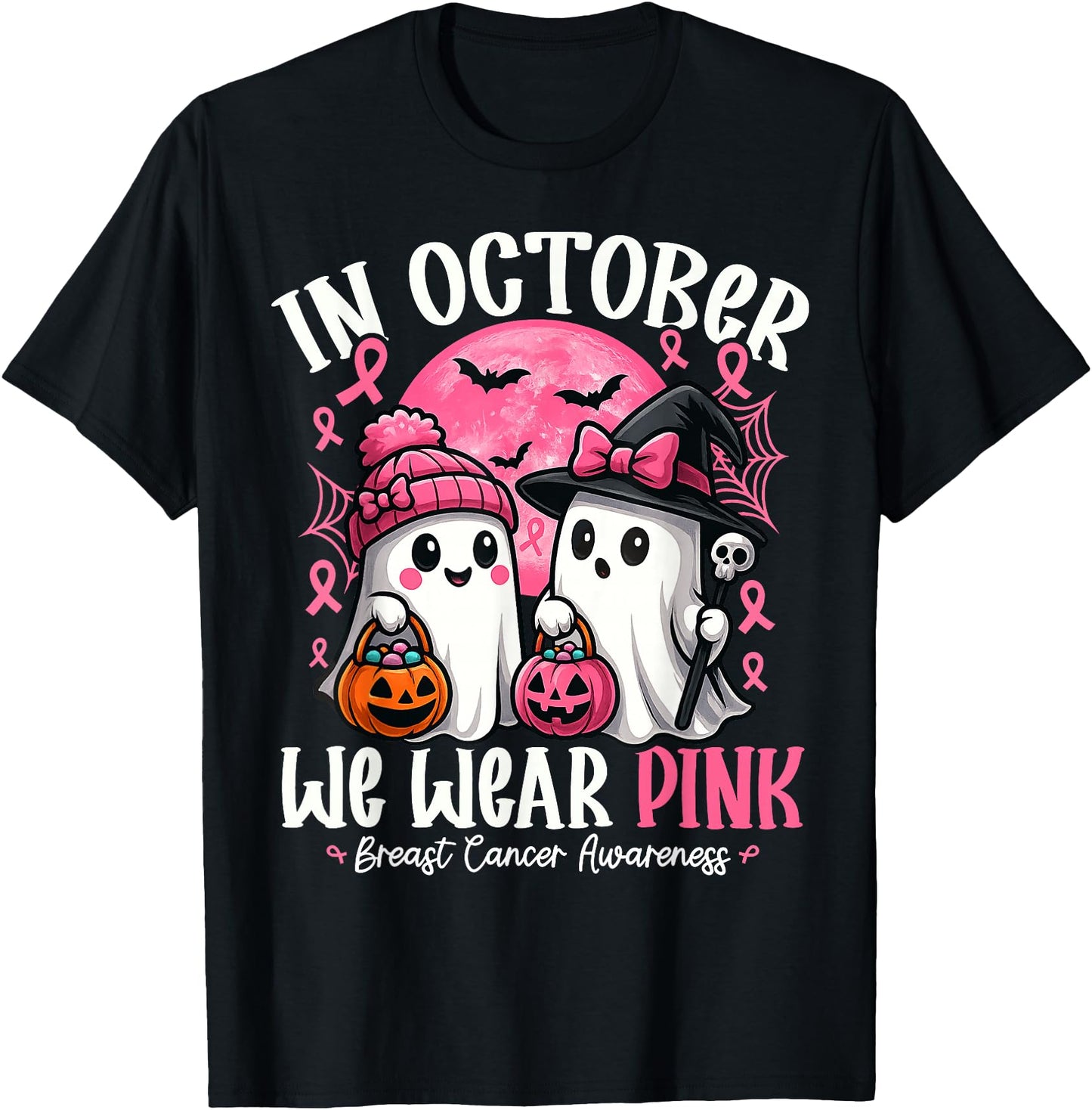 in October We Wear Pink Ghost Witch Breast Cancer Awareness
