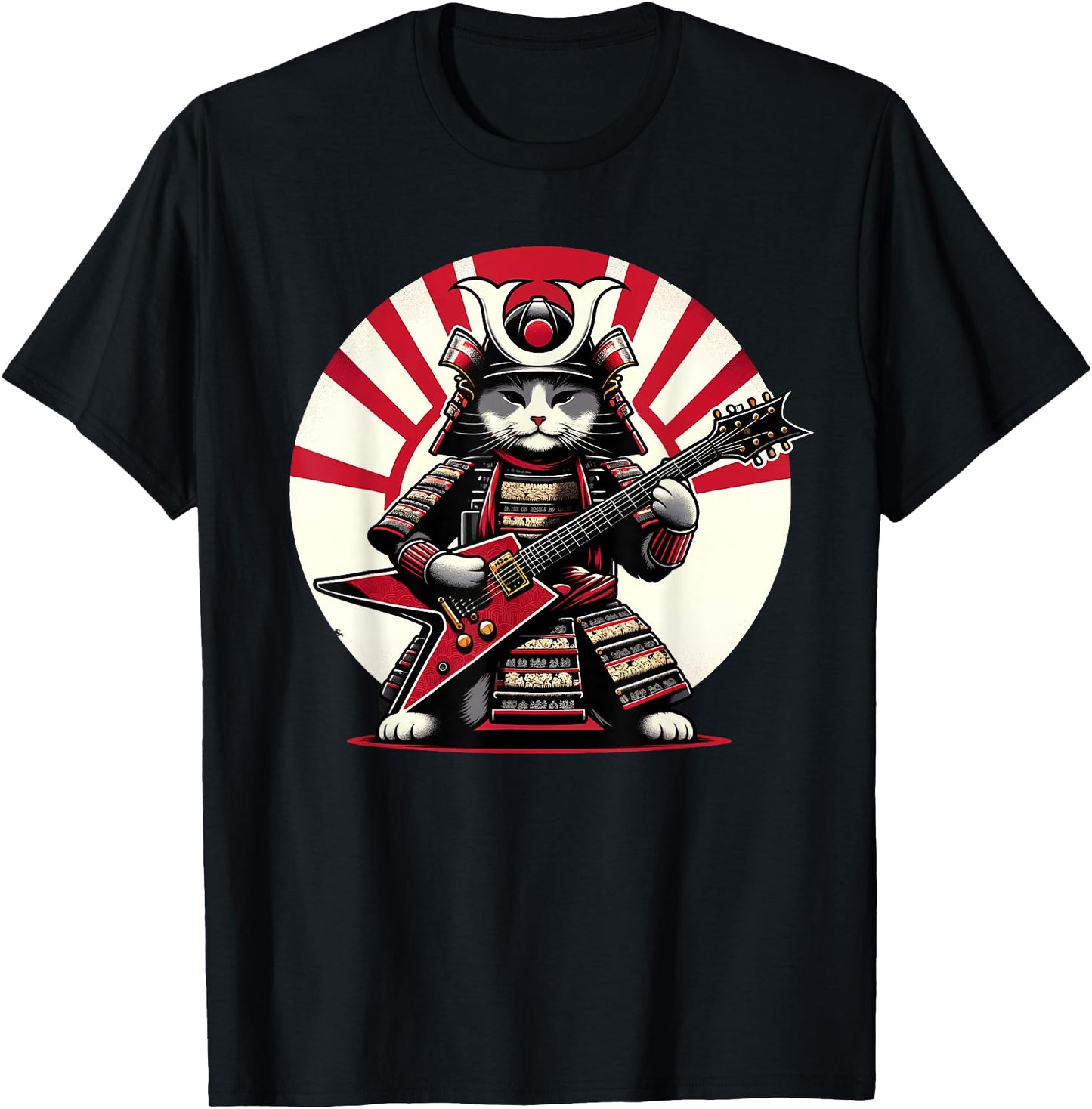 Japanese Samurai Cat Playing Electric Guitar Player