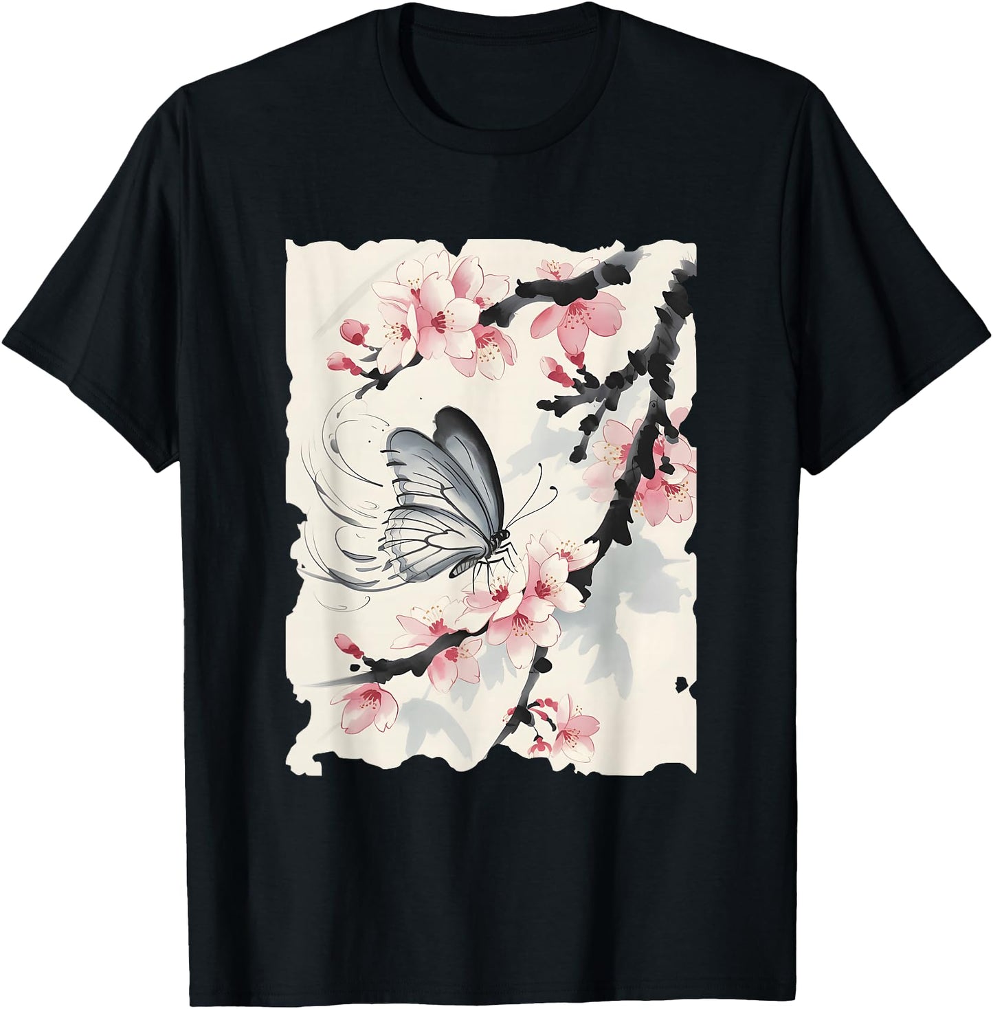 Butterfly Cherry Blossoms Japanese Art - Vintage Sumi-e
