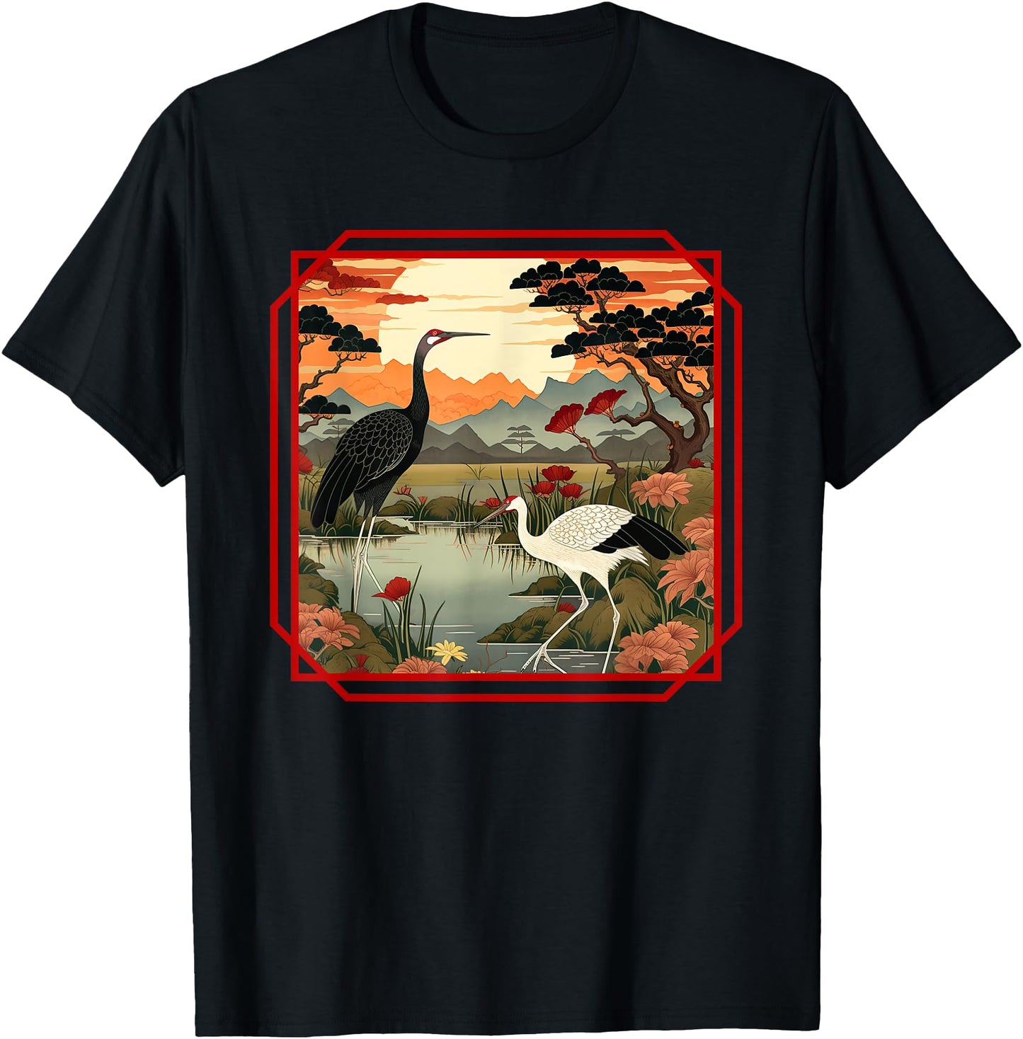 Japanese Woodblock art of a white and black cranes