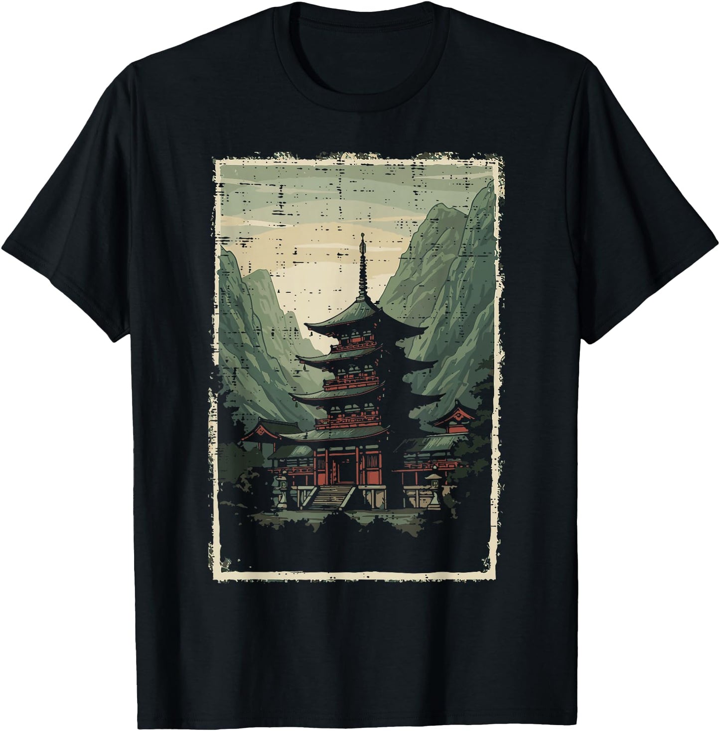 Japanese Pagoda Temple Mountain Ukiyo-e Art Men Women