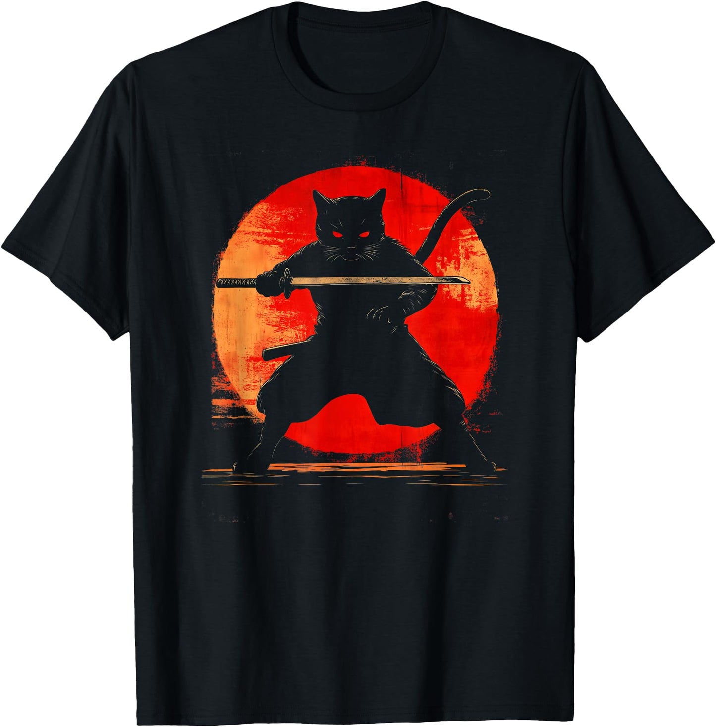 Samurai Cat Graphic Tee Katana Art Japanese Anime T-Shirt for Men Women Girls