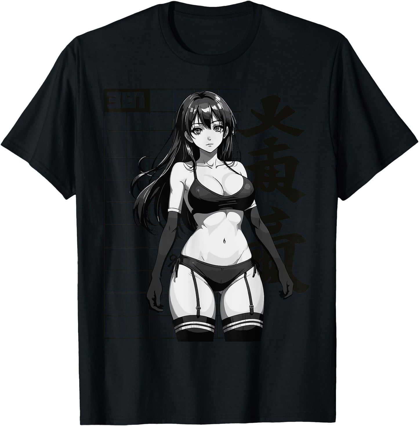 Sexy Waifu Otaku Anime Girl Japanese in Black and White Art