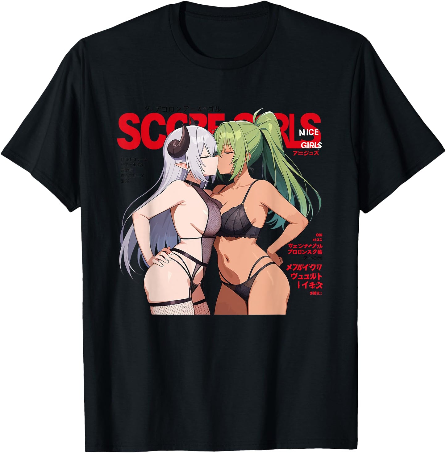 Waifu Sexy Anime Kissing Girls Horns Japanese Manga Style