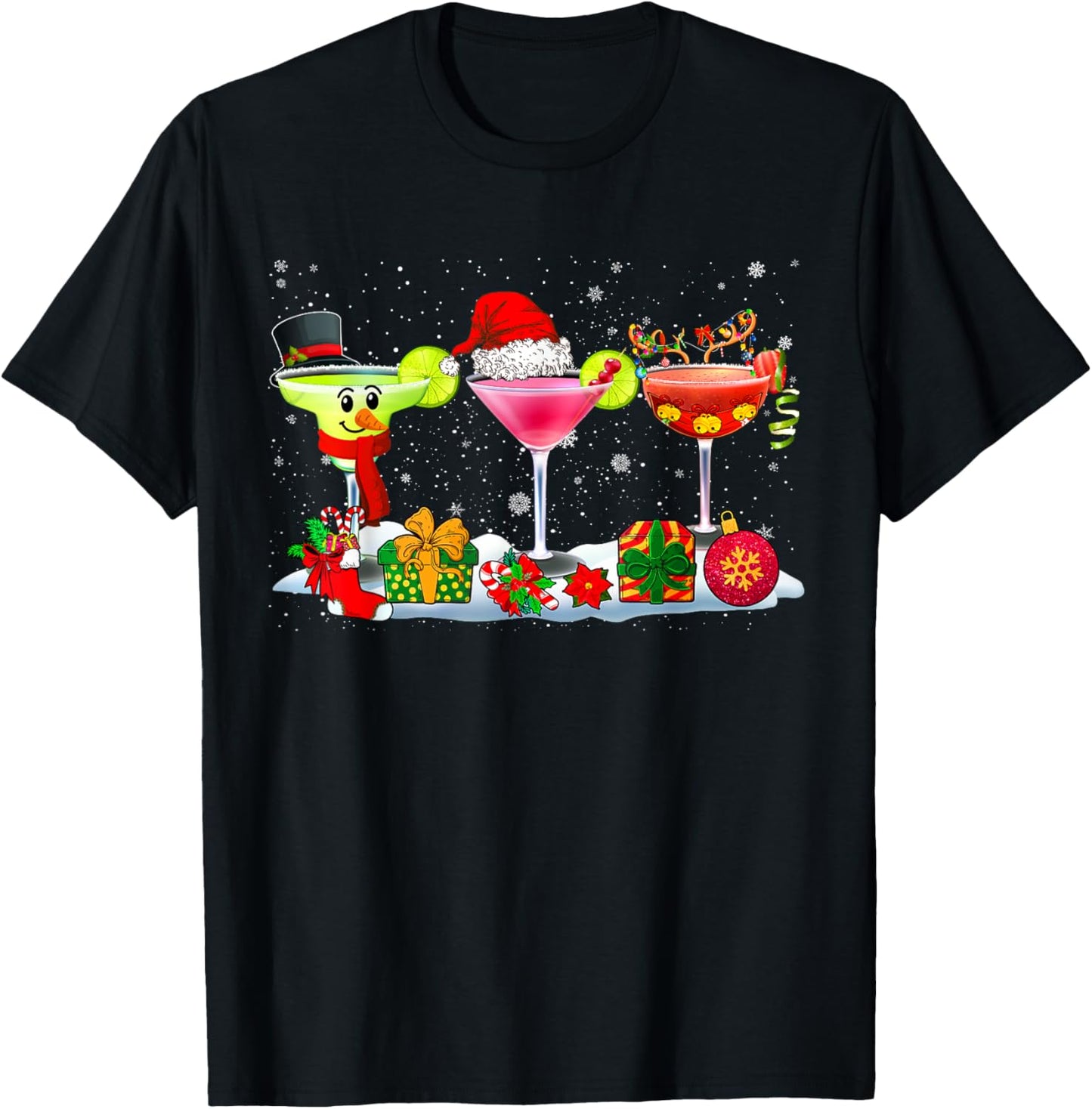 Three Santa Reindeer Snowman Glasses Of Cocktail Funny Xmas
