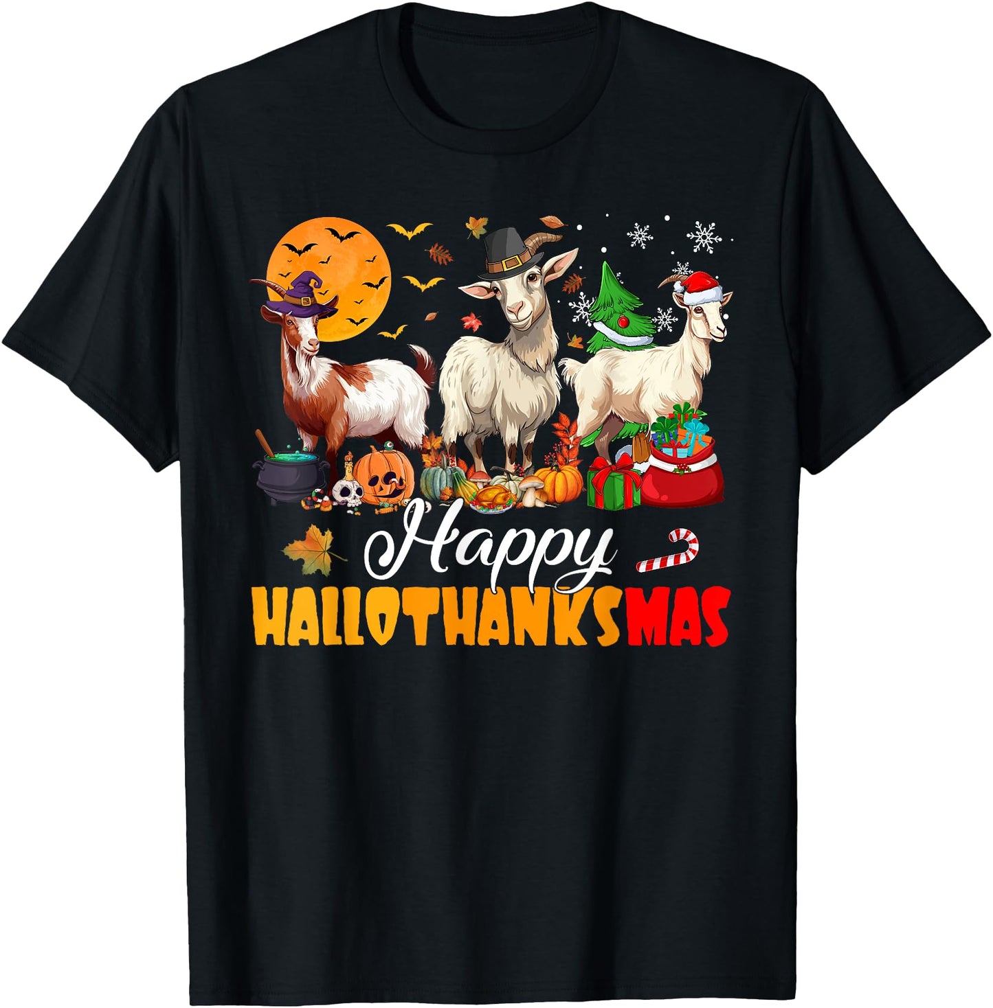 Amb Goat Animal Lovers Owners Happy Hallothanksmas Unisex T-Shirt - Black, Small, Short Sleeve, V-Neck, Graphic, Halloween, Family, Halloween Enthusiasts